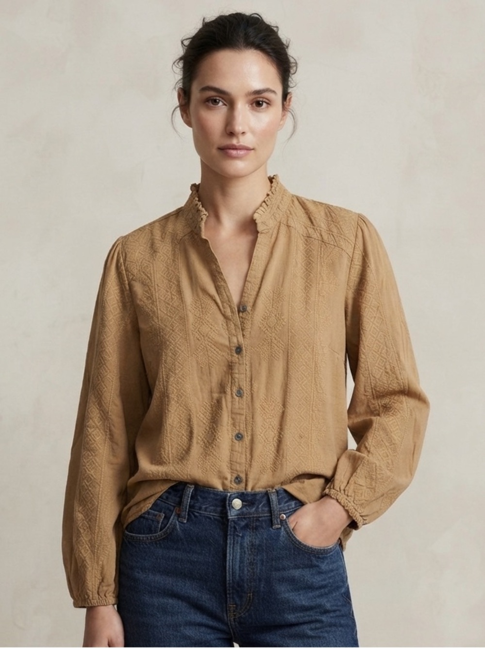 Soft Surroundings Tan Embroidered Boho Blouse Button Down Peasant Tunic Top PL